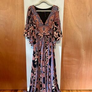 Free People coral, black and periwinkle, elegant maxi dress; size 6